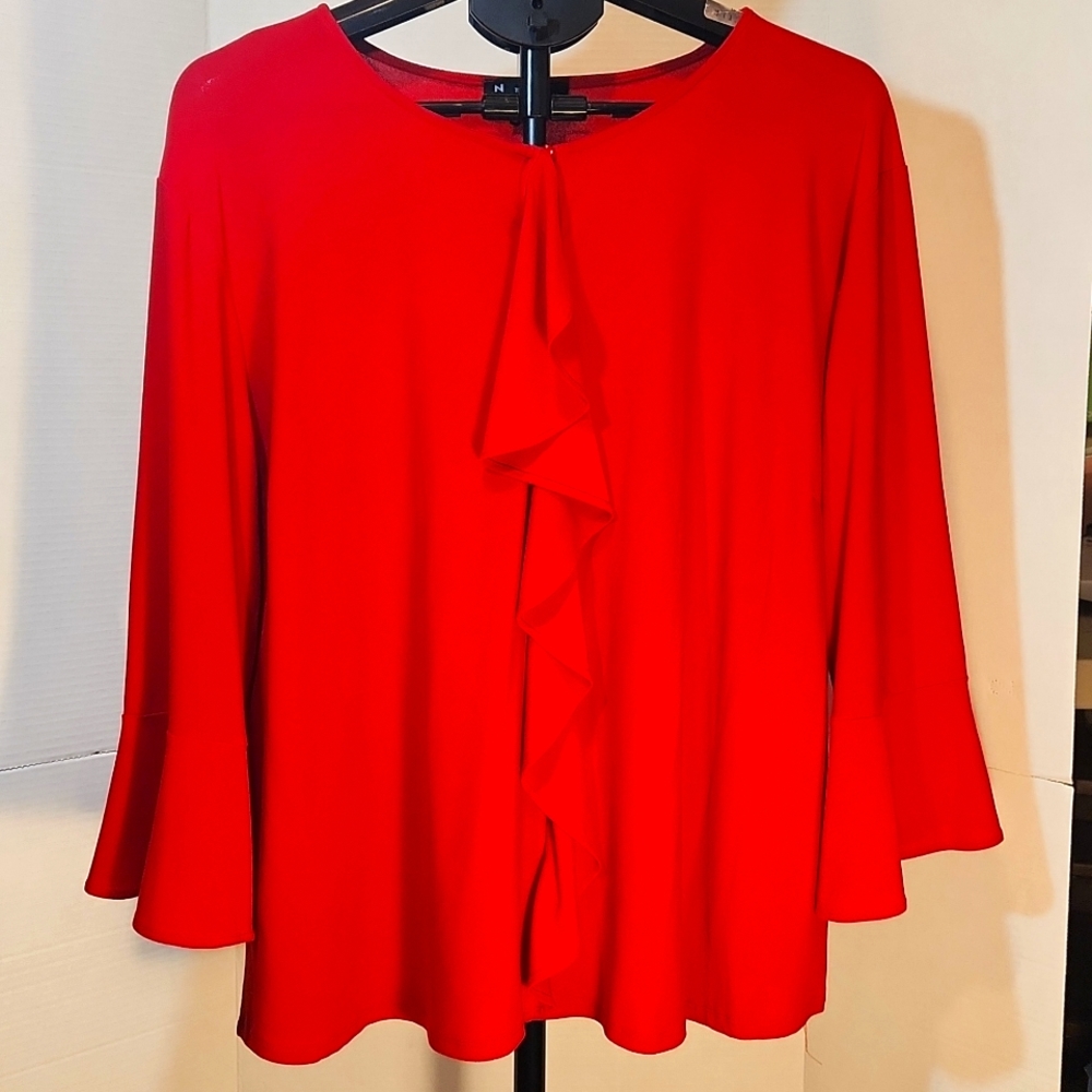 Ruffle front red shirt with bell sleeves. NTouch 2X red